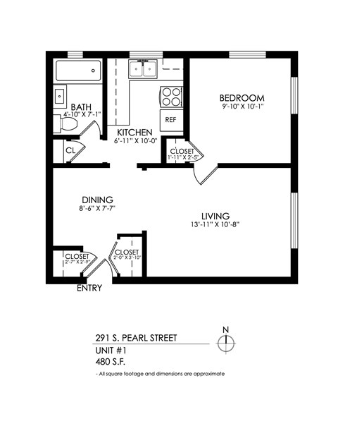 Floor plan for 1 bed, 1 bath, 475 sqft